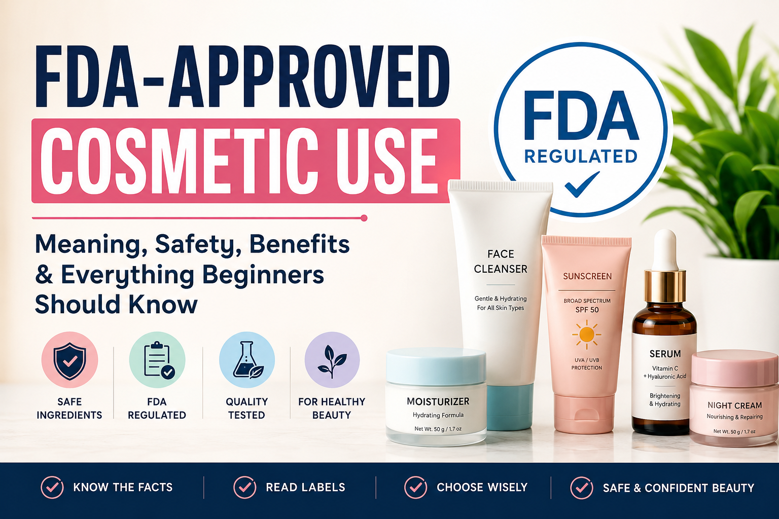 Feature image showing FDA-regulated cosmetic products including cleanser, sunscreen, serum, moisturizer, and skincare safety icons for beginners.