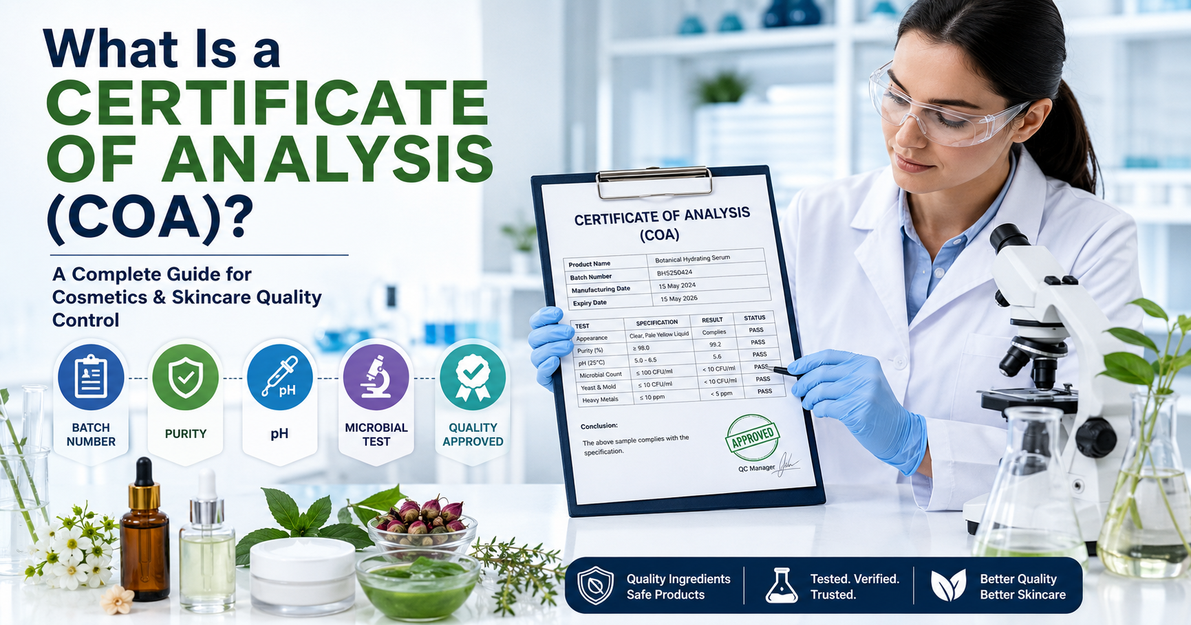 Scientist reviewing a Certificate of Analysis (COA) for cosmetic ingredients in a quality control laboratory to ensure skincare product safety and compliance.