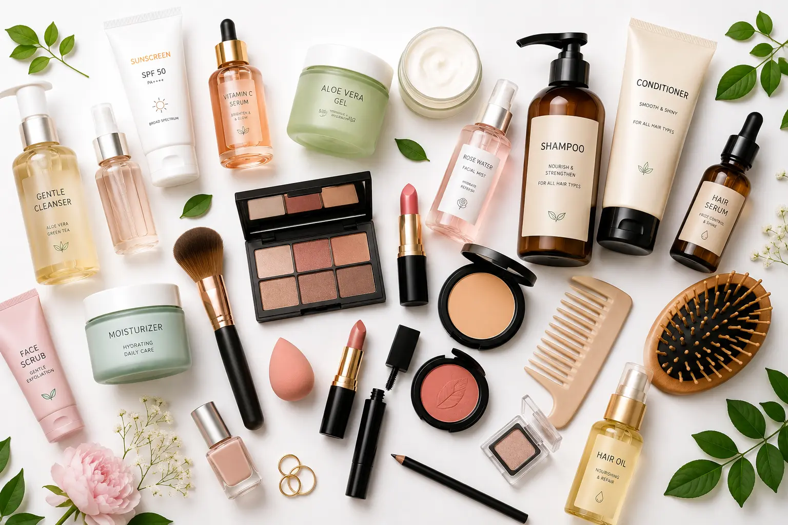Flat lay of skincare, makeup, and haircare products representing the cosmetic industry on a clean white background.