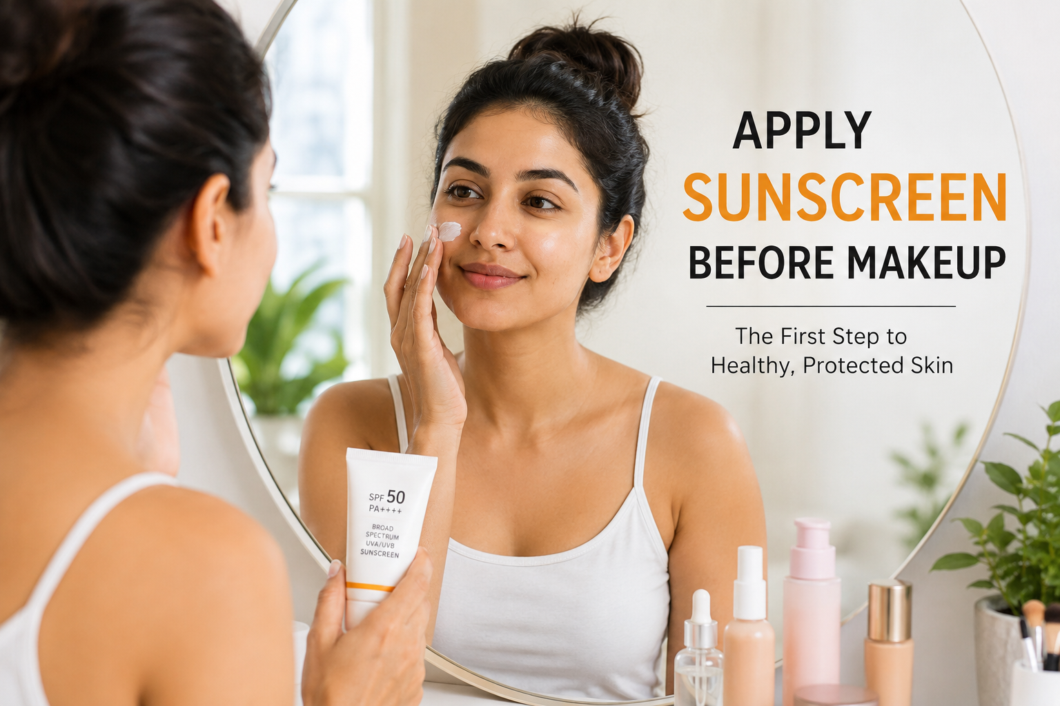 Woman applying sunscreen on her face before makeup as part of a daily skincare routine.