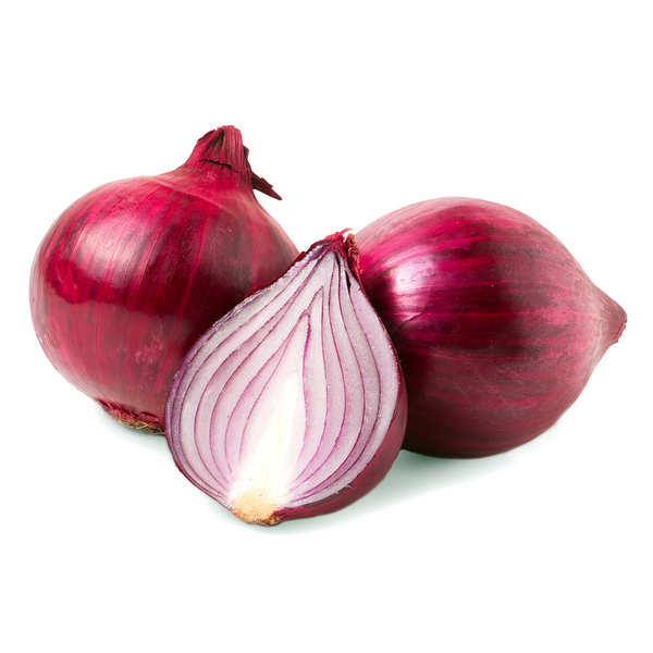 a group of red onions and a cut in half