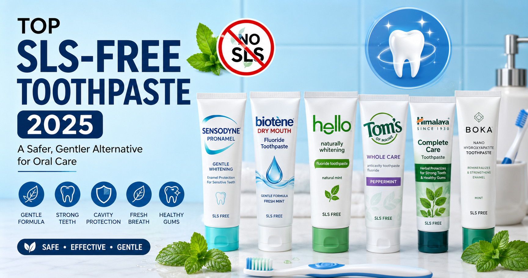 Top SLS-free toothpaste products displayed with a toothbrush and mint leaves for gentle oral care in 2025.