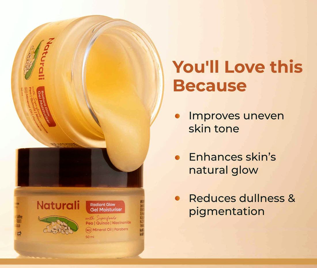Lightweight gel texture of Naturali Radiant Glow Moisturiser applied on skin