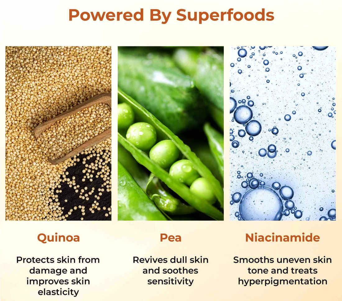 Key ingredients Pea, Quinoa and Niacinamide for glowing skin"