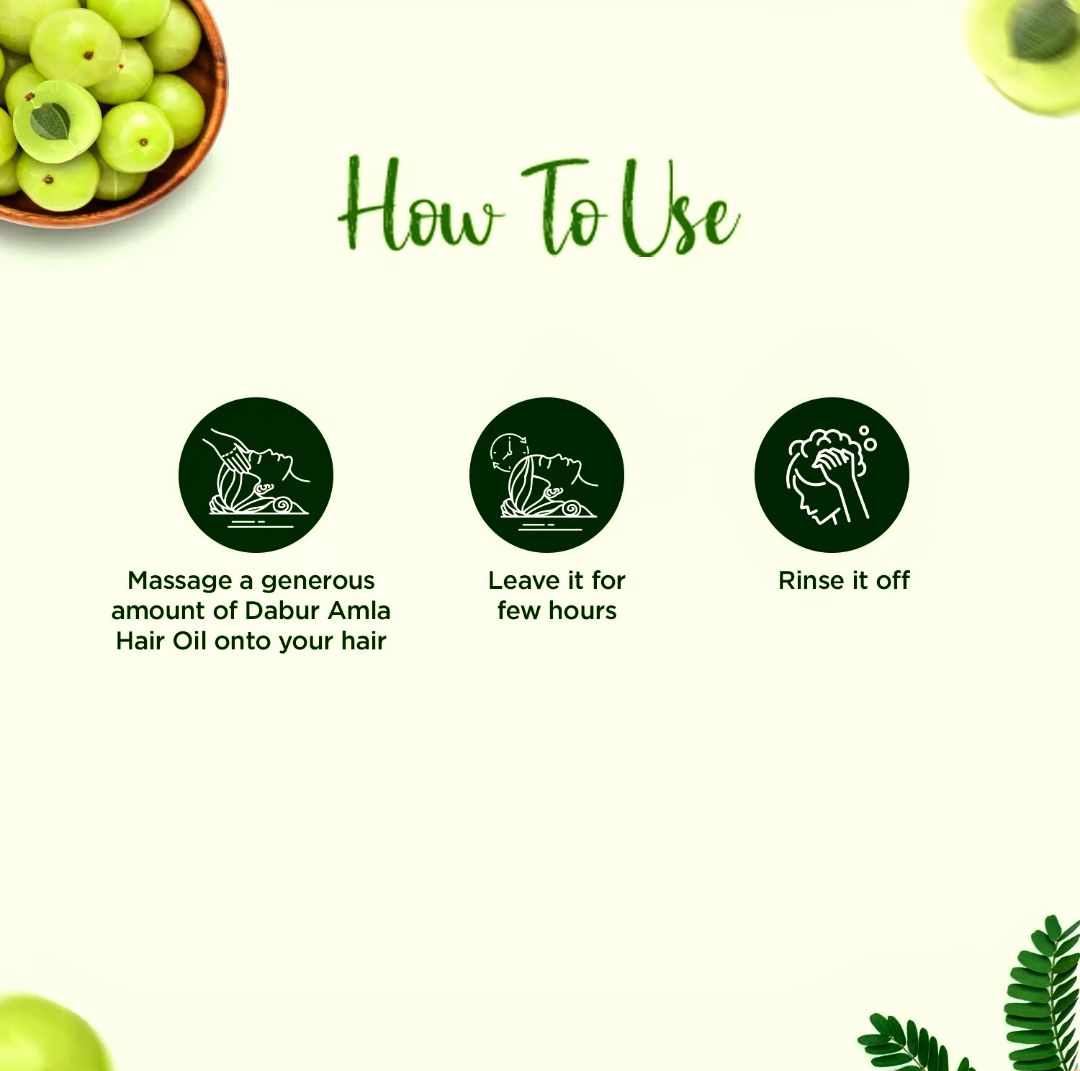 Step-by-step guide showing how to apply Dabur Amla Hair Oil – massage, leave, rinse, and get shiny hair.
