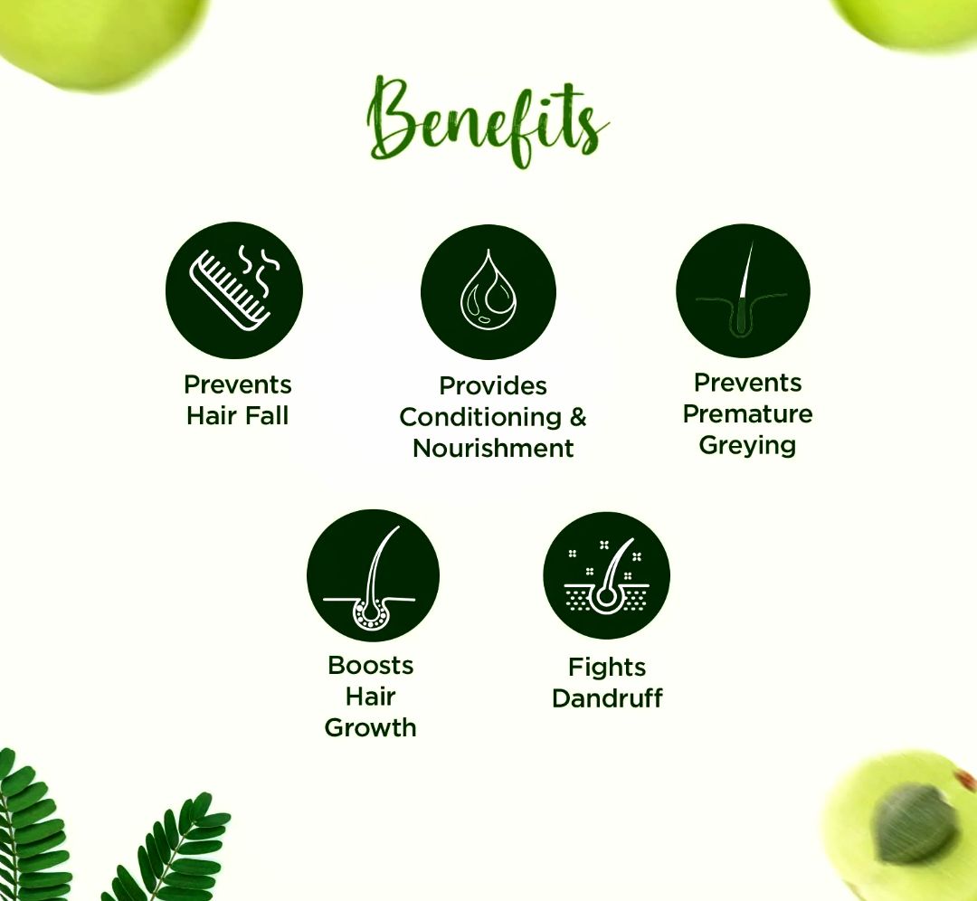 Infographic showing health benefits of Amla for hair including nourishment, shine, and prevention of greying.
