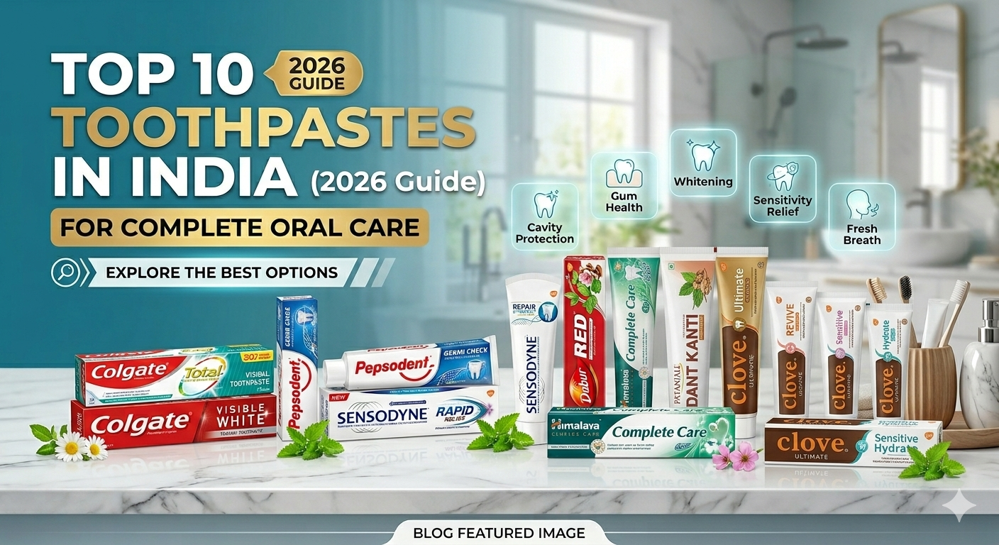 Top 10 toothpastes in India 2026 including Clove, Colgate, Sensodyne, Dabur, Pepsodent and Himalaya for cavity protection, sensitivity relief and gum care