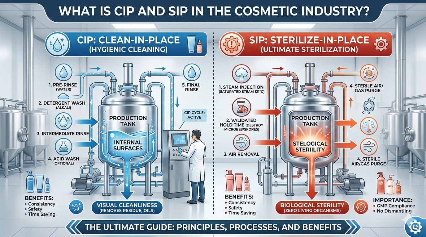 CIP and SIP cleaning and sterilization system used in cosmetic manufacturing equipment and pipelines