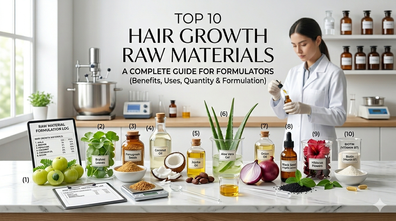 Top 10 hair growth raw materials including Redensyl, Capixyl, Procapil, Anagain and Biotin used in professional hair care formulations