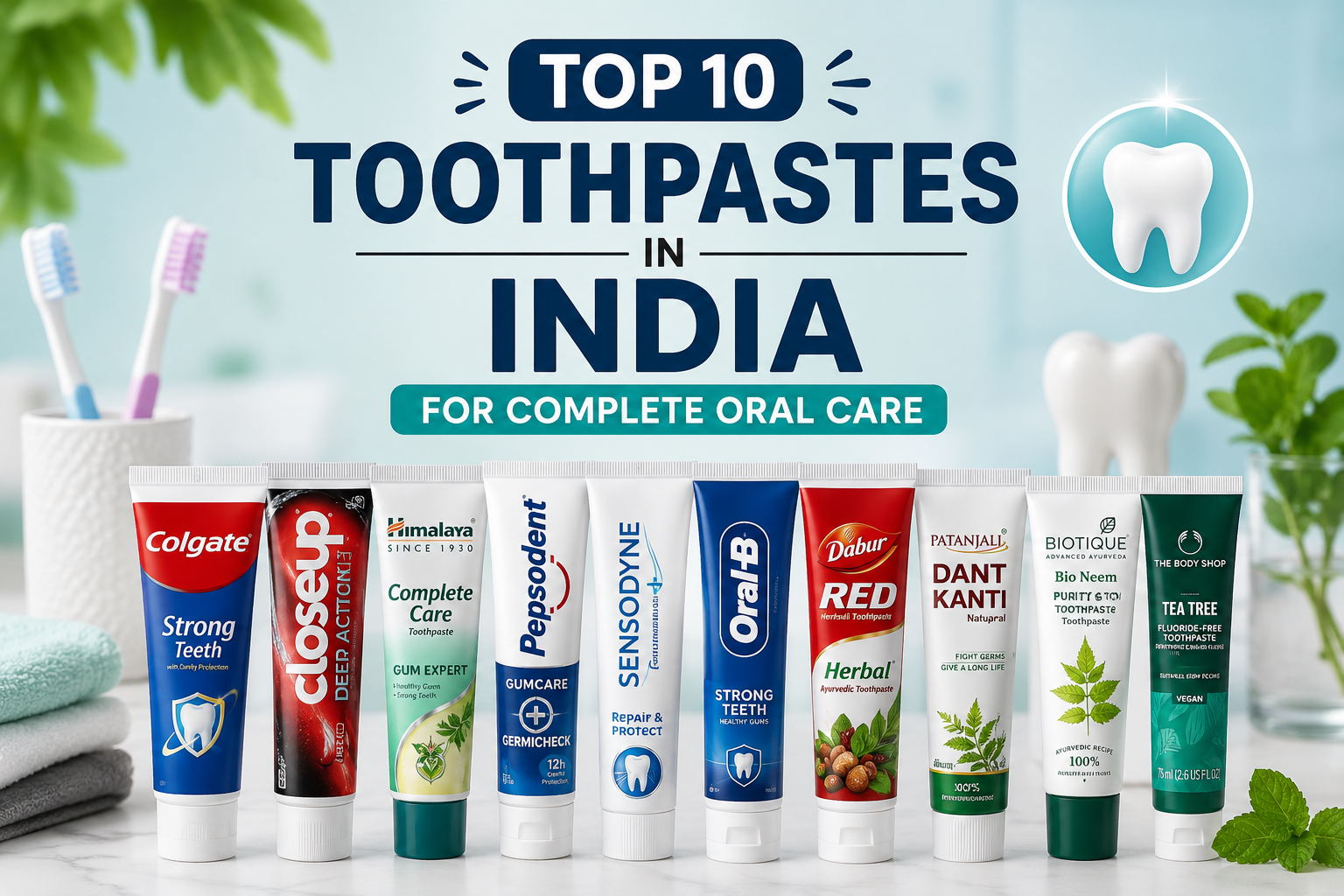 Top 10 Toothpastes in India for Complete Oral Care featuring popular toothpaste brands