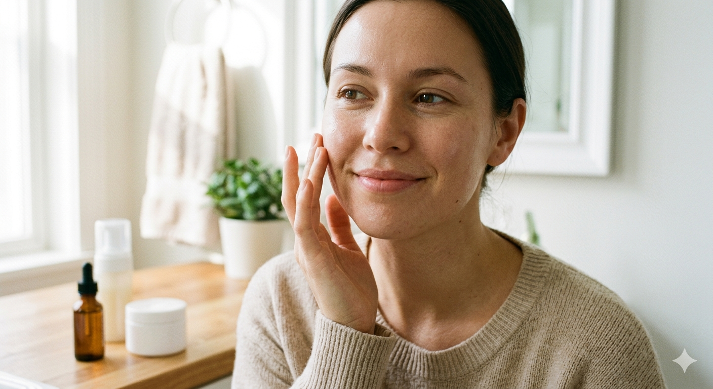 A woman with healthy, glowing skin smiling and gently touching her cheek in a bright, natural bathroom setting with skincare products on the counter