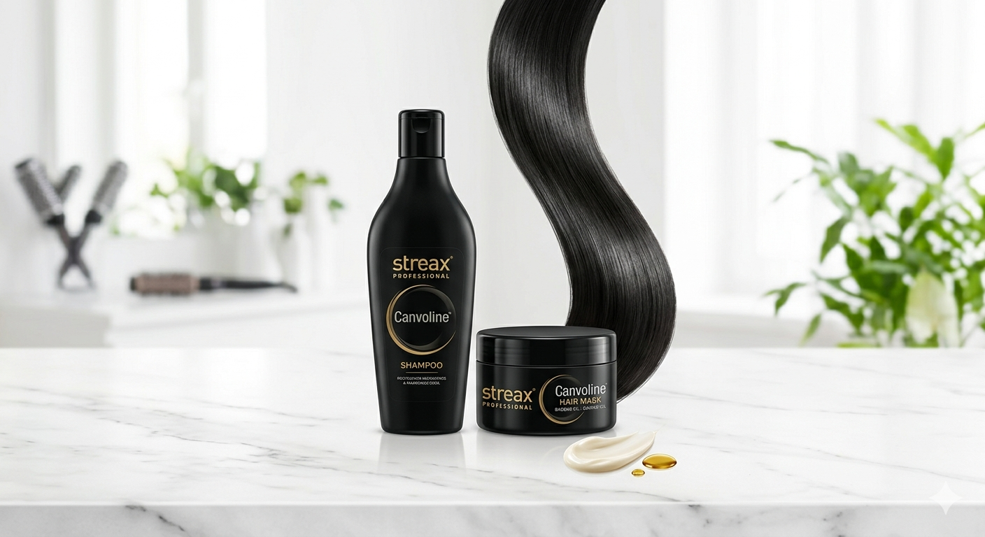 Streax Professional Canvoline Shampoo and Hair Mask for smooth and nourished chemically treated hair.