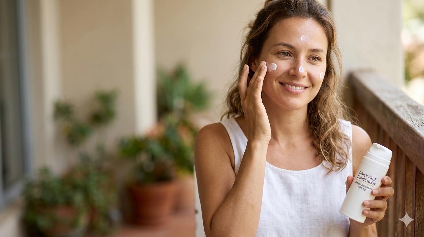 Woman applying sunscreen on her face for daily UV protection and healthy skin care routine