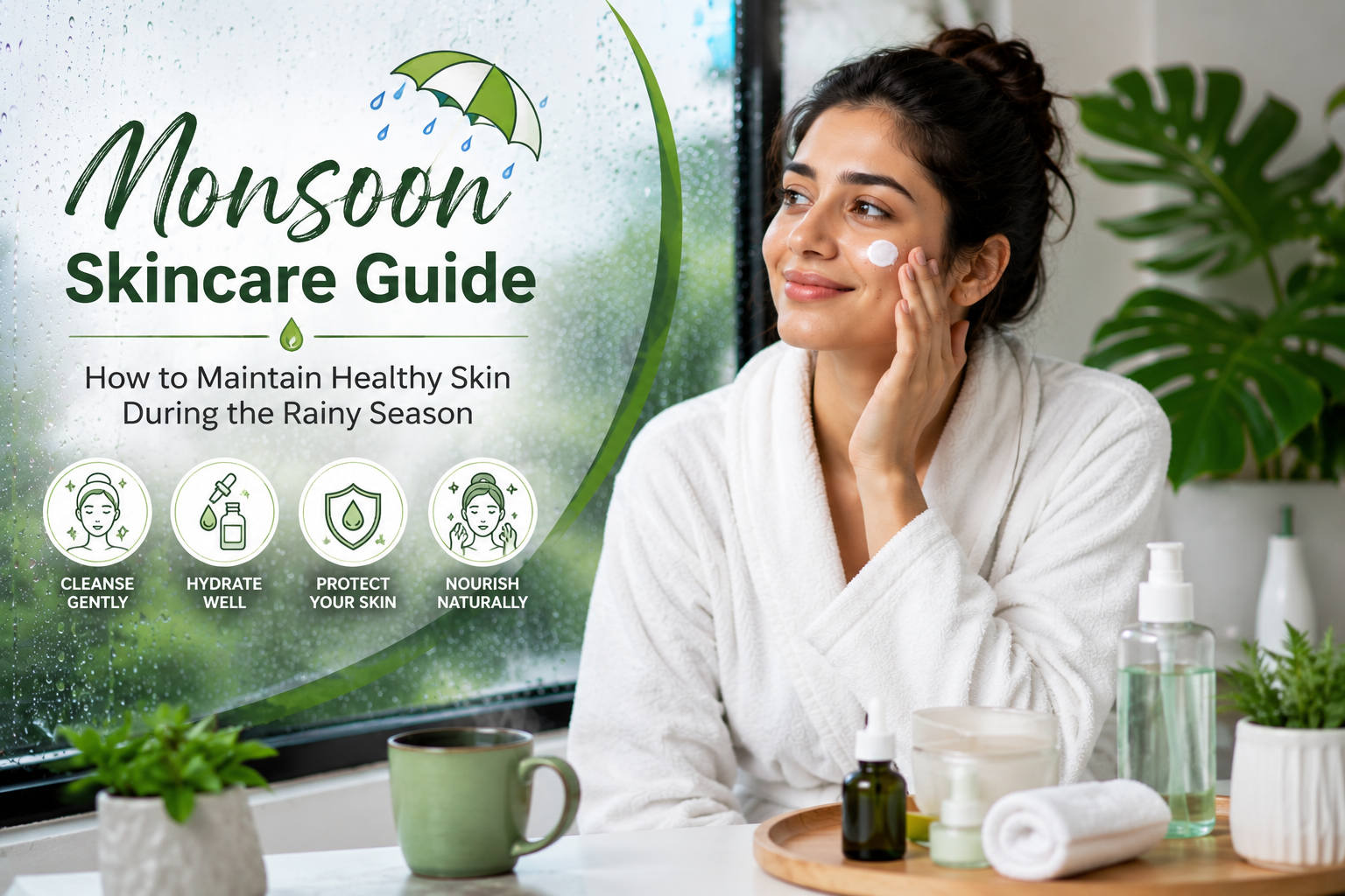 Woman following a monsoon skincare routine to maintain healthy and glowing skin during the rainy season