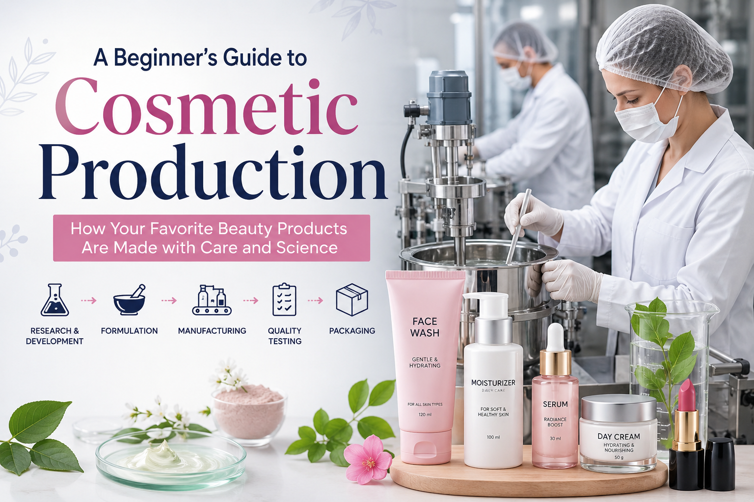 Modern cosmetic production laboratory showing skincare manufacturing process, quality testing, formulation, and packaging of beauty products.