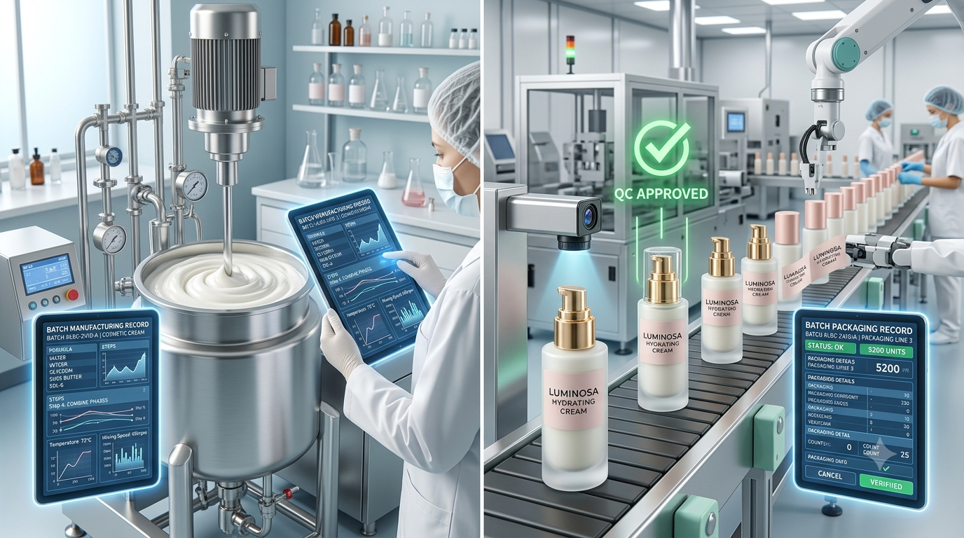 Split-screen view of a cosmetic technician monitoring a mixing vat on a digital tablet for Batch Manufacturing Records, alongside an automated packaging line with cosmetic bottles passing a quality control check for Batch Packaging Records.