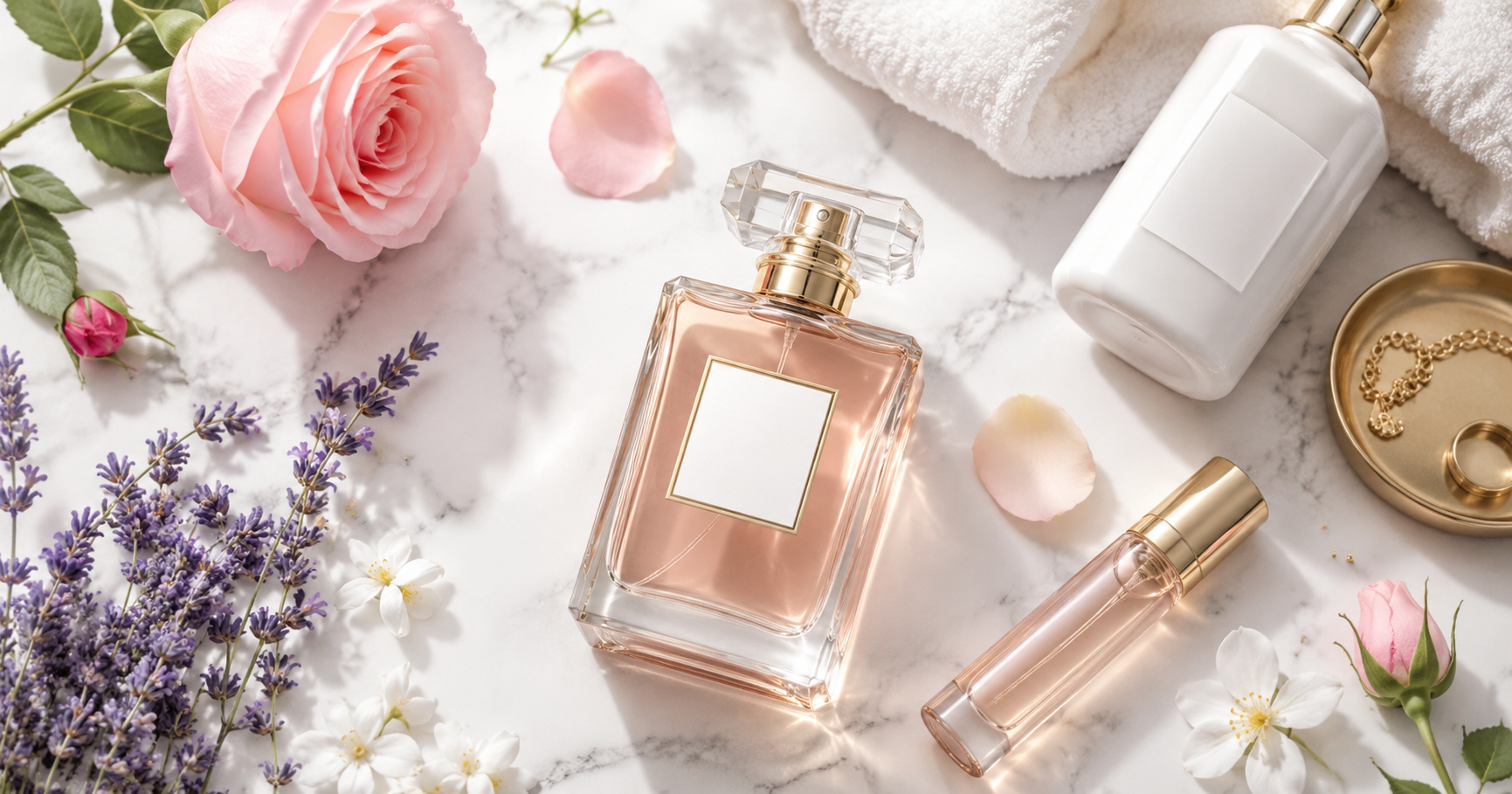 Elegant perfume bottle with moisturizer, fresh flowers, and perfume atomizer on a white marble background showing tips to make perfume last longer.