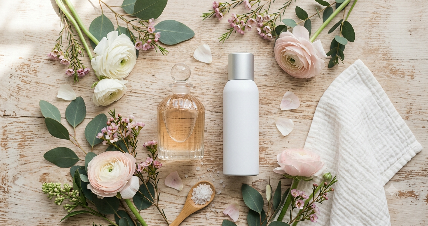 Perfume bottle and deodorant spray placed on a wooden surface with fresh flowers and a towel for a perfume vs deodorant comparison.