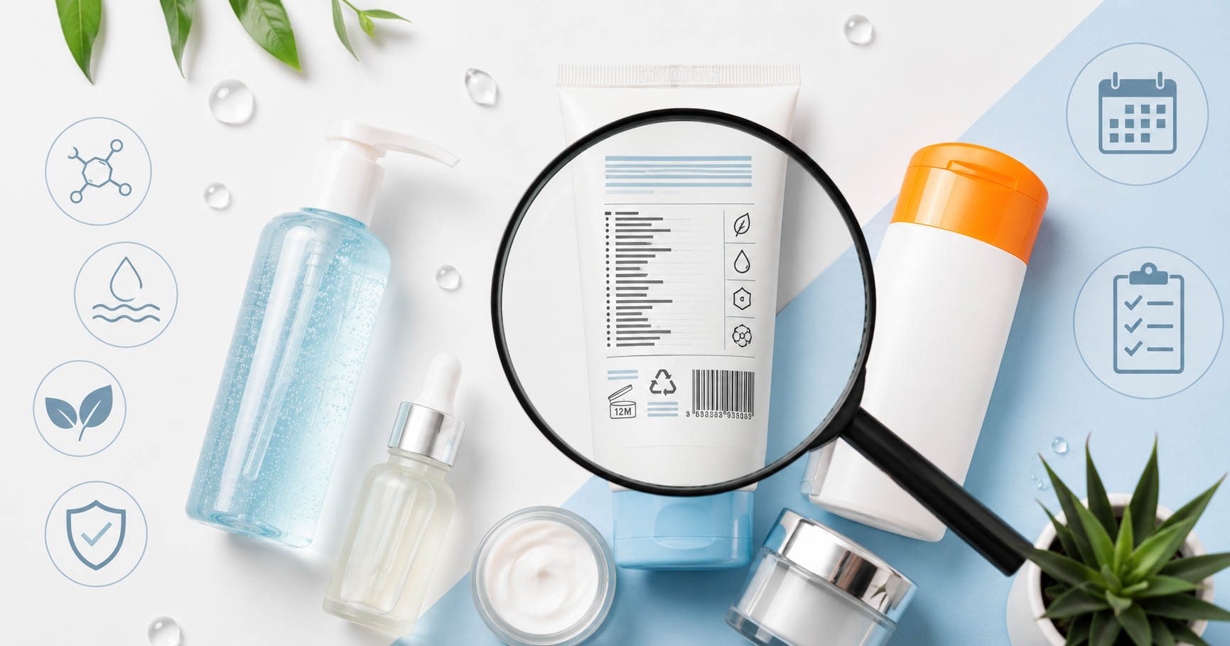 Illustration showing how to read a cosmetic product label and understand skincare ingredients