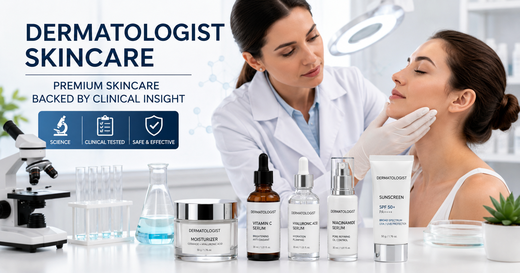 Dermatologist skincare products backed by clinical research for healthy skin