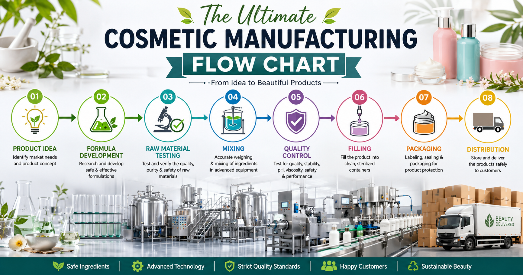 Step-by-step cosmetic manufacturing flow chart showing the complete process from product idea to final distributionproducts in a laboratory.