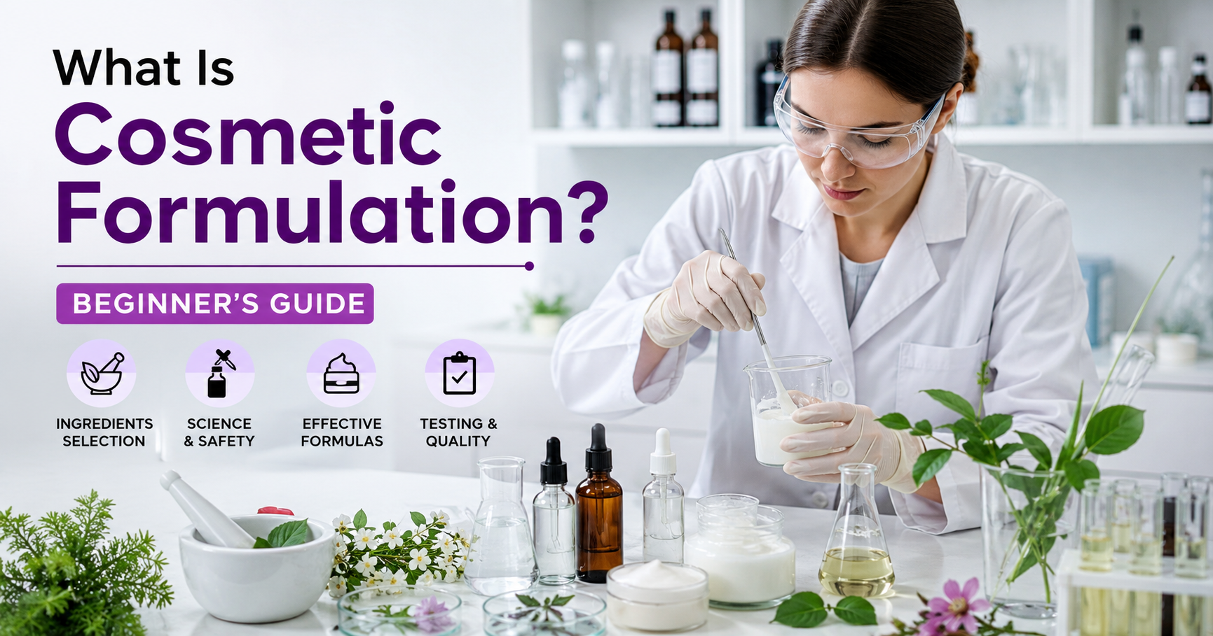 Cosmetic scientist formulating a skincare product in a modern laboratory using cosmetic ingredients, laboratory glassware, botanical extracts, and scientific equipment.