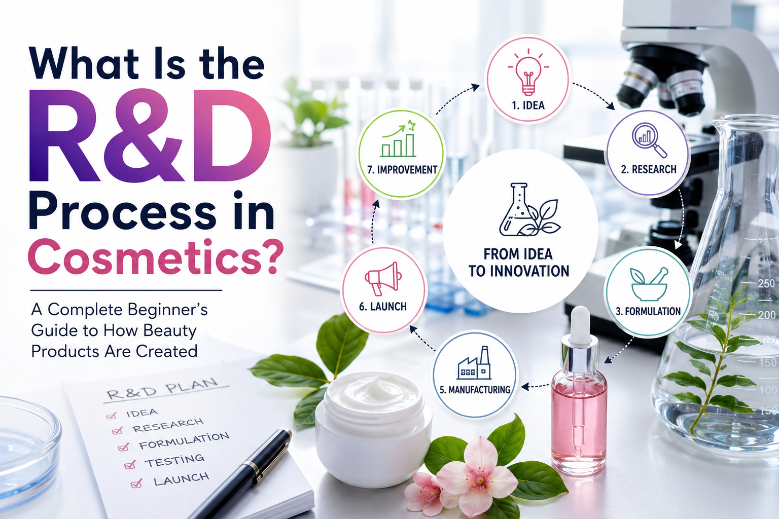 Feature image illustrating the cosmetic R&D process from product idea and formulation to testing, manufacturing, and product launch in the beauty industry.