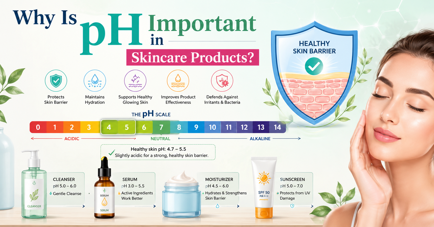 Healthy skin barrier with a pH scale showing why pH-balanced skincare products are important.