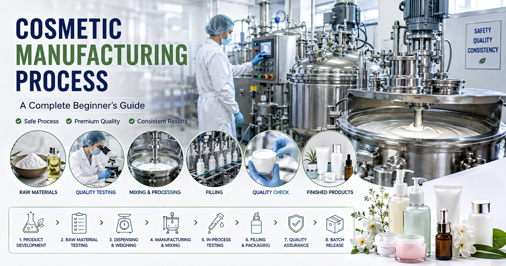 Cosmetic manufacturing process from raw materials to finished skincare products