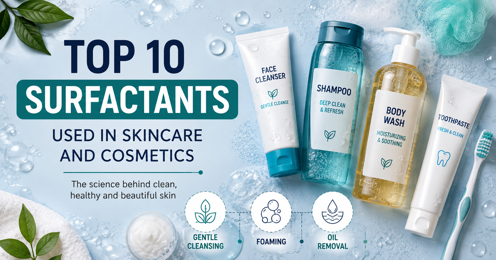 Top 10 Surfactants Used in Skincare and Cosmetics Infographic Showing Face Cleanser, Shampoo, Body Wash and Toothpaste