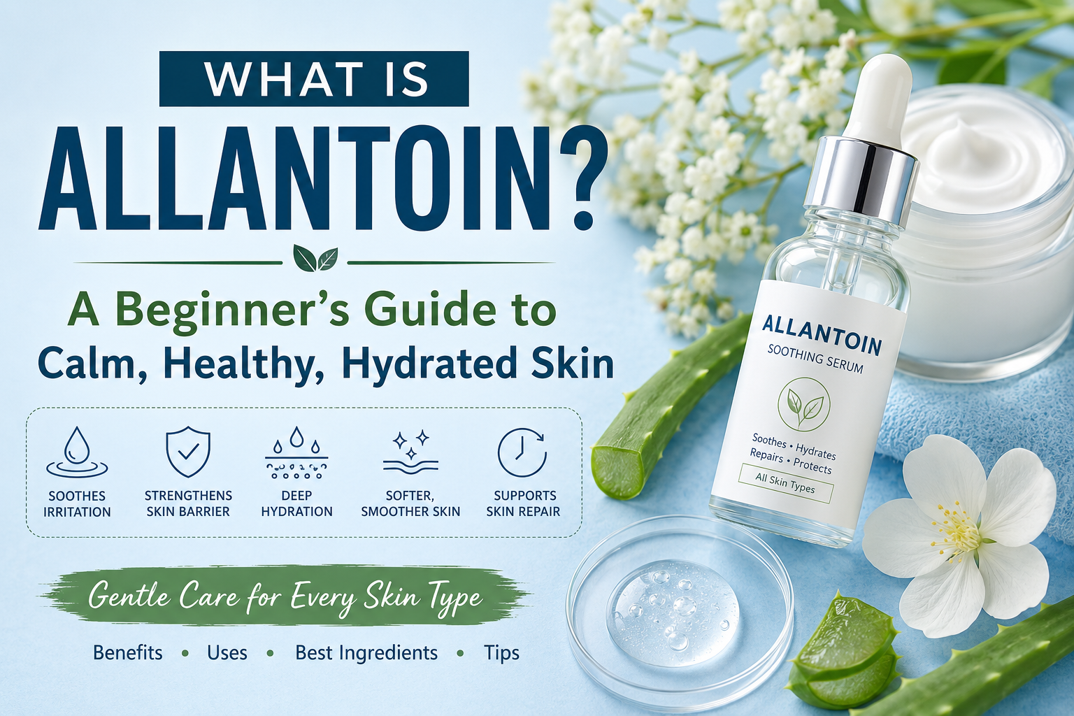 What Is Allantoin? Beginner's guide showing an Allantoin serum, moisturizer, aloe vera, and the key skincare benefits of Allantoin for healthy, hydrated skin.