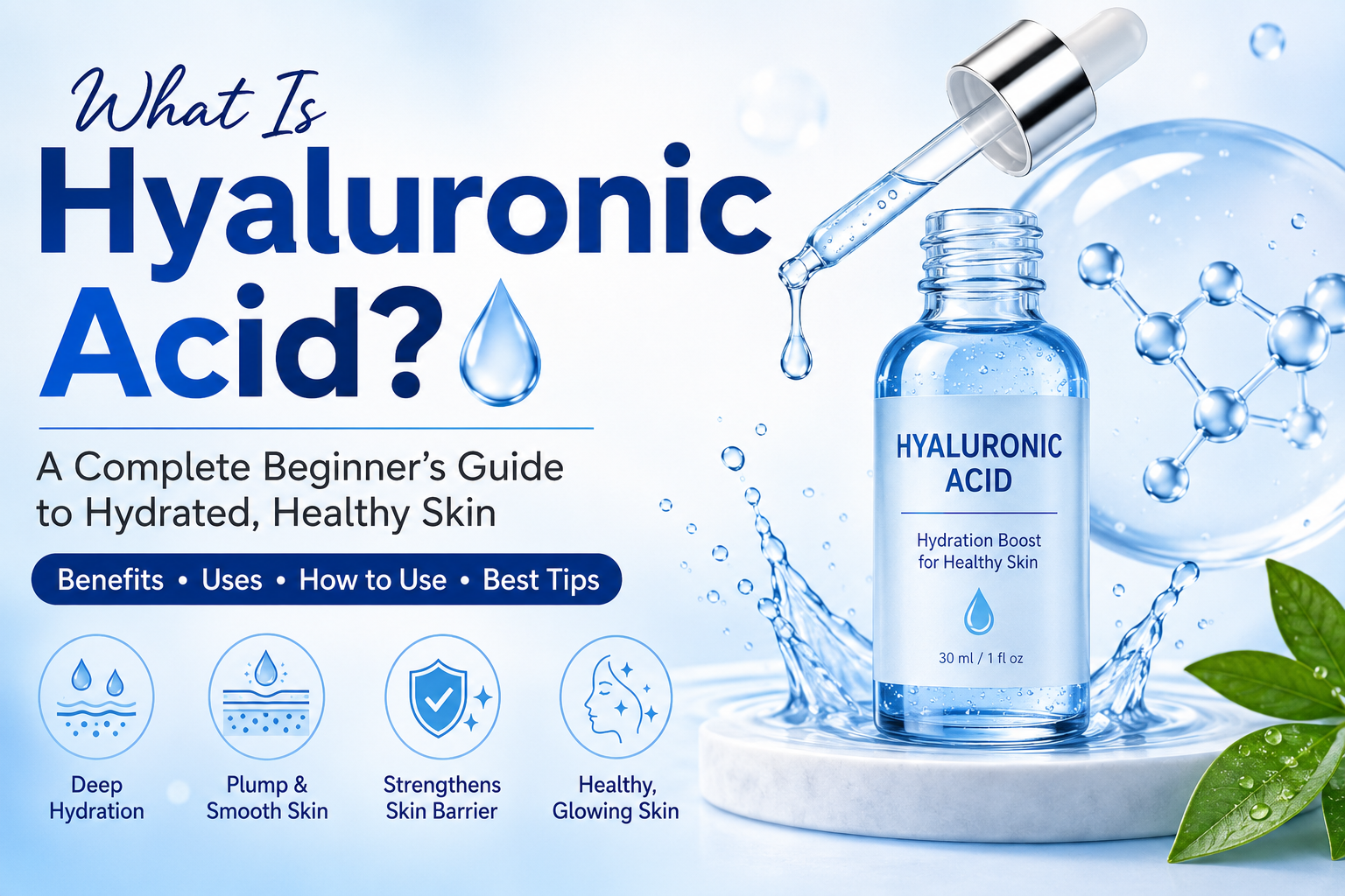 What Is Hyaluronic Acid? Beginner's guide showing Hyaluronic Acid serum, hydration benefits, and healthy glowing skin.
